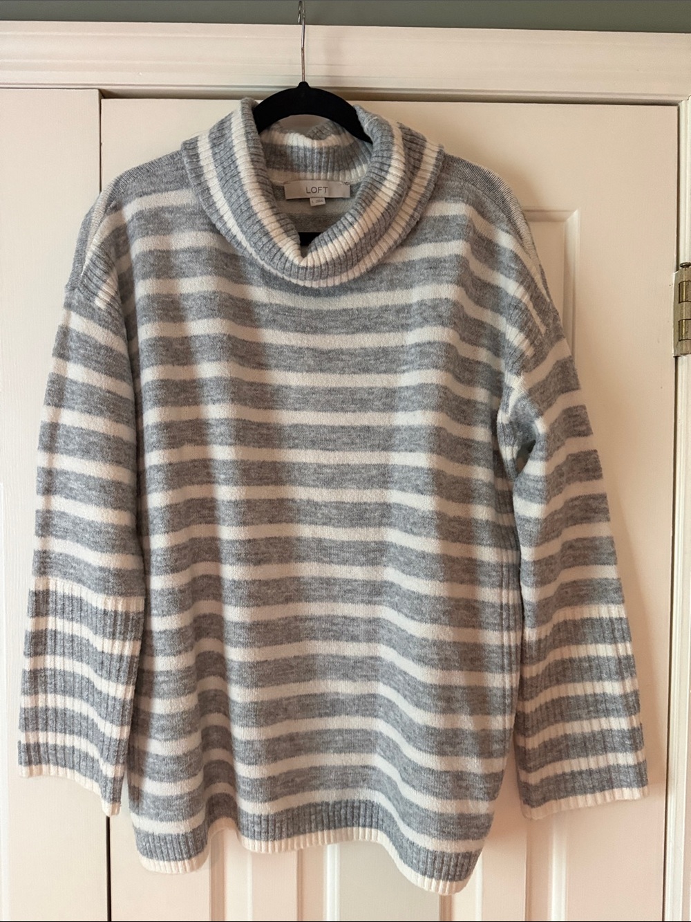 LOFT Gray and Cream Striped Cowl Neck Sweater